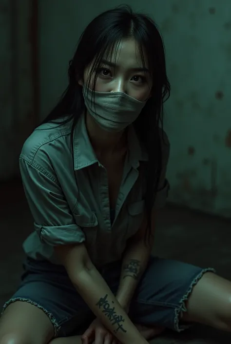 (Vietnamese female detective with her hands and feet tied and her mouth gagged with tape