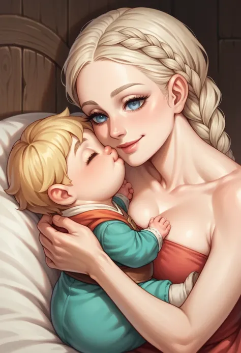 Platinum Blonde hair woman, beautiful, blonde eyelashes, light blue eyes, sexy body, perfect, adult woman, defined round ass, one big braid, villager woman, medieval villager, breastfeeding baby, detailed face, gentle smile, baby, newborn baby