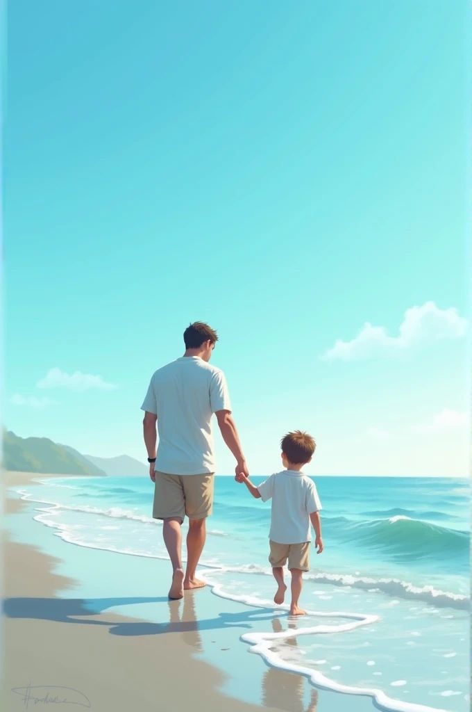 The father is holding his son&#39;s hand walking on the blue beach.