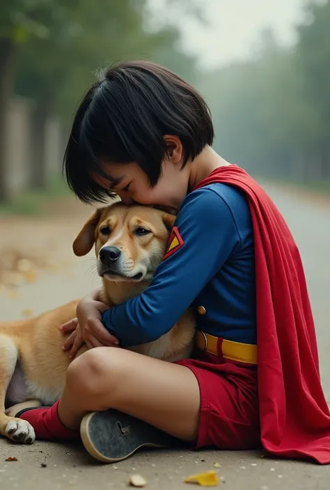 Short haired girl wearing a superman costume, sitting unpaved, Hugging a dog, Grieving, side perspective, sobbing.