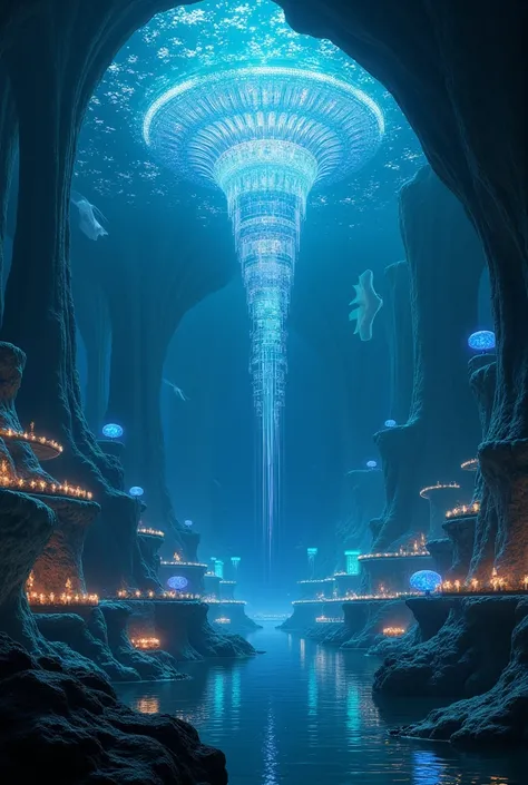 Imagine a vast underwater world called Aquaeternum, where the abyssal darkness is broken only by the flashes of intelligent creatures that have developed an advanced civilization based on bioluminescence. This world is located in a deep ocean on a distant ...