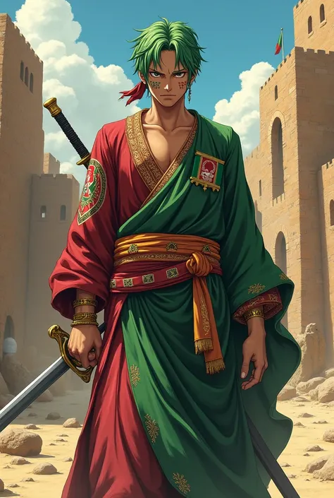 Ceate zoro from one pieve that hreen hair guy and he is wearing Afghanistan traditional he has a sword in hind and small flag of Afghanistan on cheek amd background Afghanistan type  and flag should appear on his cheekh