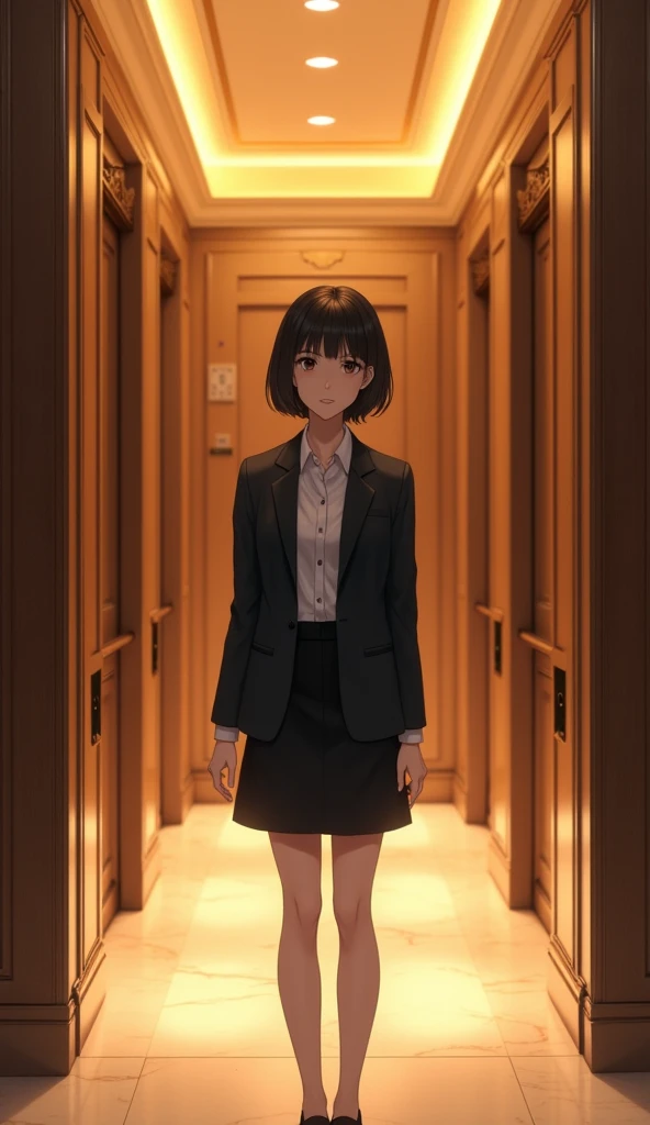 (1girl, Japanese, 4, short black hair, (wearing a blazer), standing in elevator hall of luxury city hotel, (warm lighting:1.3))
