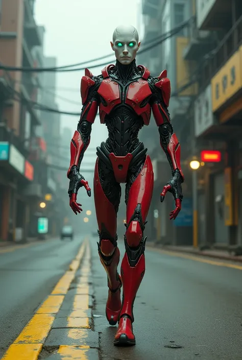 Full length view. (cyborg man with a weapon in his hands) Bold, threatening look. Red and black exoskeleton male cyborg. A dynamic picture, the whole body of a cyborg in motion walks along the street of a futuristic city. with crane-yellow stripes. --ar 9:...