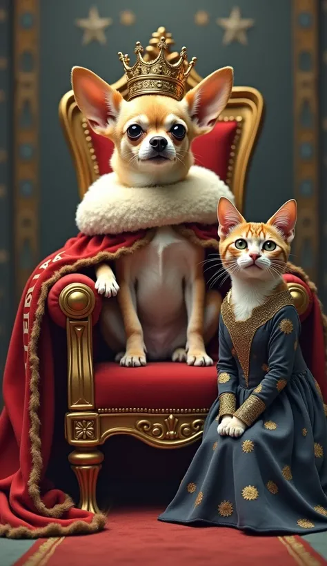 Image 10: The Chihuahua sits on a throne made of “Vote” banners with a crown, looking triumphant. The cat, dressed in a regal gown, sits beside the throne with an exaggerated, sarcastic smile, commenting, “And they say democracy is overrated