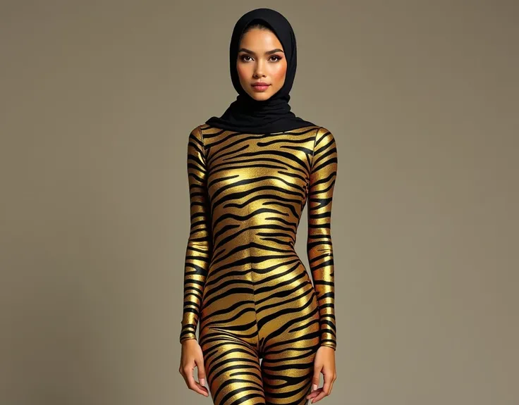 The beautiful,thin and clever asian muslimah adult girl with beautiful cheeks wears golden zebra print lycra footed turtleneck unitard catsuit covered with stripes and golden zebra lycra elastane stretchy dancewear square hijab covered with stripes.She put...