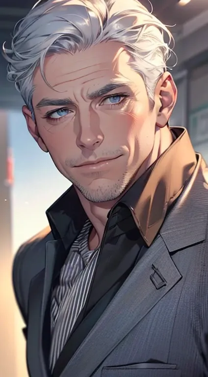 (best quality,4k,8k,highres,masterpiece:1.2),ultra-detailed,(realistic,photorealistic,photo-realistic:1.37),1 man,3,mature man,very handsome,without expression,smile,short grey white hair,blue eyes,penetrating gaze,perfect face without errors,imposing post...