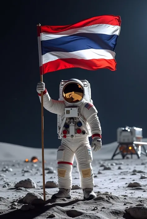 An astronaut holds a Thai flag on the moon with a spacecraft next to him.