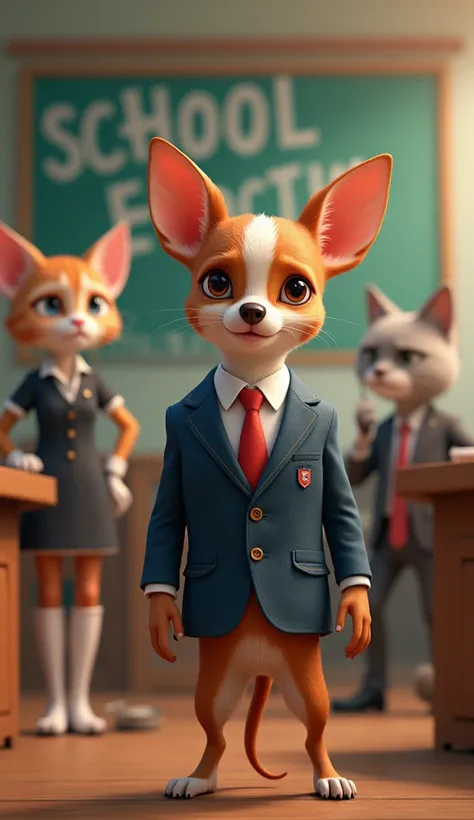 Image 1: The Chihuahua, dressed in a smart blazer and tie, stands confidently in front of a "School Election Day" banner, while the cat, dressed in a professional dress, looks skeptically from a nearby desk.