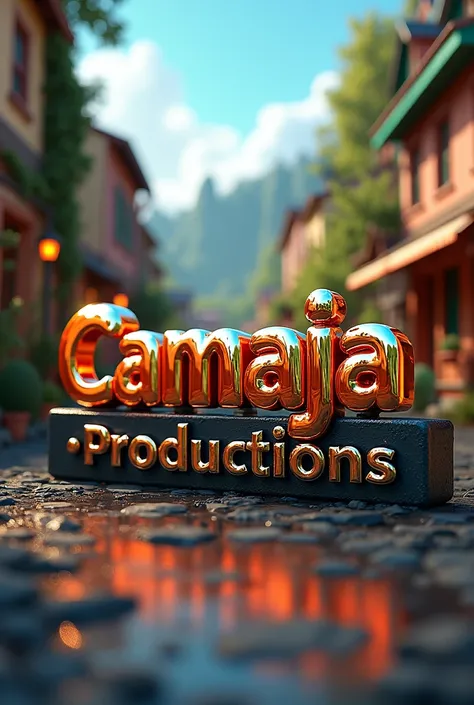 CAMAJA PRODUCTIONS IN CHROME LETTERS, with an image of a town, background