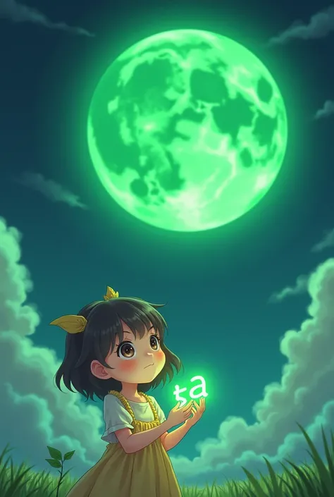 cute anime holding green ABSTRACT letters looking at green moon