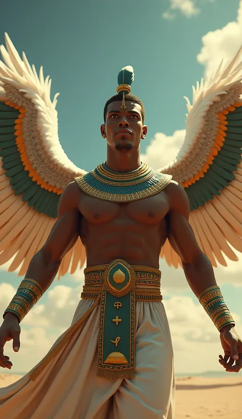 Create an image of Shu, the god of air, with a male figure, dark brown skin, and striking green eyes. He is depicted with traditional Egyptian attire, including a headdress with a feather motif. His hair is styled in a short, neat fashion. Shu should appea...