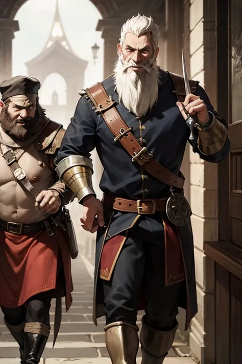 medieval captain, bearded, ugly smirk, evil, close-up shot, (walking ALONE: 1.5)