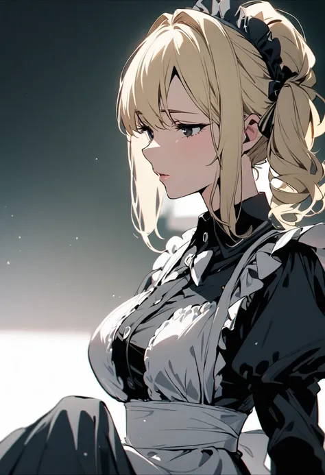 Solo, 1girl, medium hair, blond hair, black eyes, mature, side ponytail, maid, beautiful color, innocent, side view, half eyes