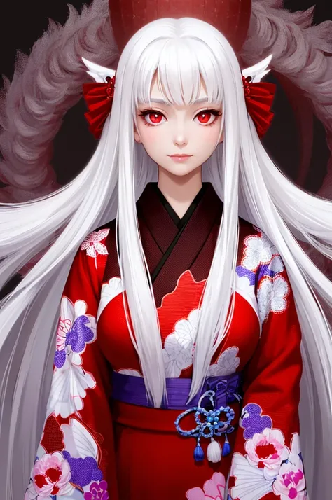 A masterpiece of the highest quality, 1 girl, One, White hair, japanese clothing, kimono, long hair, I look at the viewer, ((Red eyes)), smile, sparkling eyes, ((hands on your own face)), ((blood swirl)), (yandere:1.4), (sparkling eyes:1.4), Crazy eyes