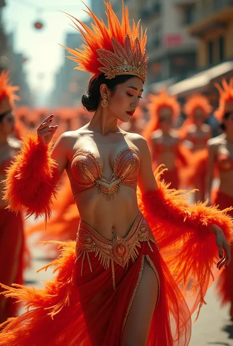 8k,RAW photo, ultra high res, realistic photo, extremely quality photo, Wearing a sexy and revealing phoenix costume、Japanese woman dancing samba in a carnival parade