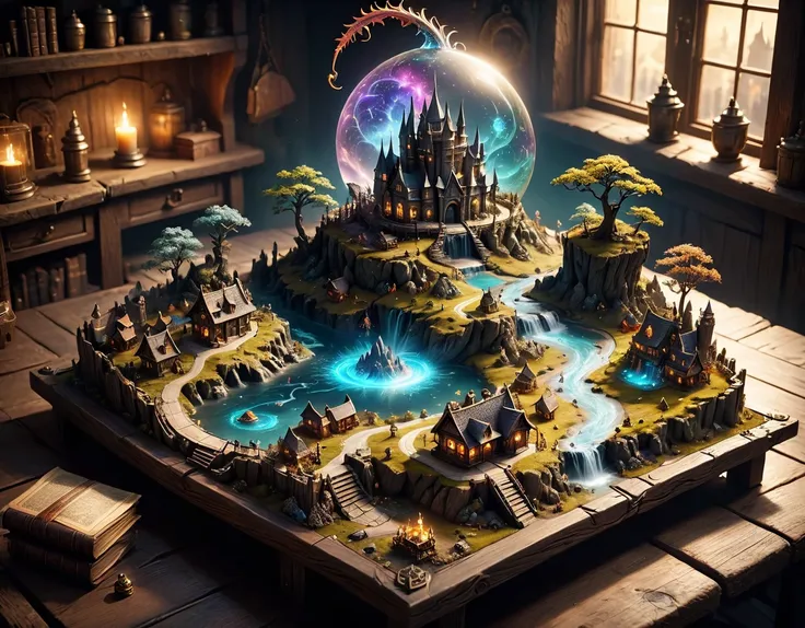 magical map of a miniature fantasy town, 3d, holographic, worn at the edges, the town appears to be floating above the map, magi...