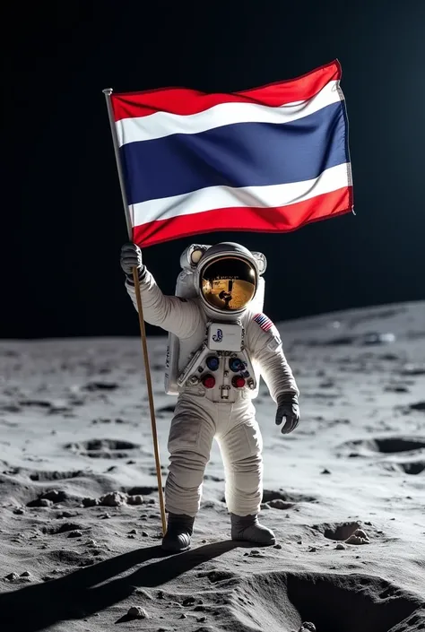 An astronaut holds a Thai flag on the moon with a spacecraft next to him.