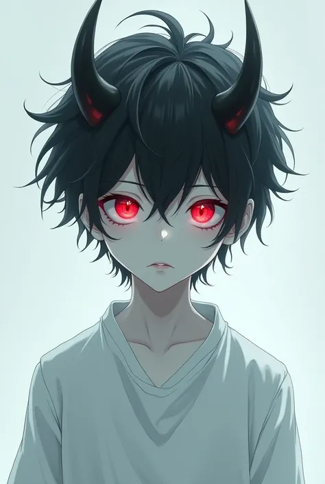 messy black hair, Totally white skin, red anime style eyes, red horns on the head in the middle of messy whinter hair, fair skin, gender: boy, Wears white clothes that blend in with his skin, full body image with small floating body.