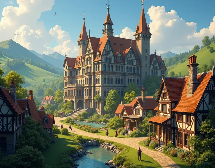 We need a village scene with a big building Image