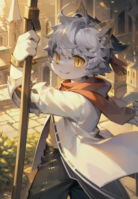 White male cat，boy，cute，Q version，，Big furry tail，Hairy pads，，Golden Eyes，Detailed background，Silver hair，Brave costume，happy，Holding a weapon，White top，Black pants，castle，Golden Skin，Red headscarf