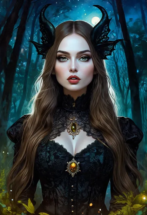 portrait, elegant frame, sexy monster girl, long brown straight hair, sexy, sexsexsex, dirty black booger costume, elegant victorian era dress, magic, fantasy, sinister forest background at night, with stars and nebulas,(best quality, 4k, 8k, high resoluti...