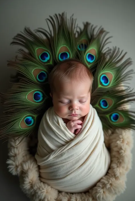 arafed baby sleeping in a blanket with a peacock feather, a photo inspired by Anne Geddes, shutterstock contest winner, art photography, peacock feathers, 9 peacock tails, green feathers, peacock feather wrap the head, award winning studio photo, peacock c...