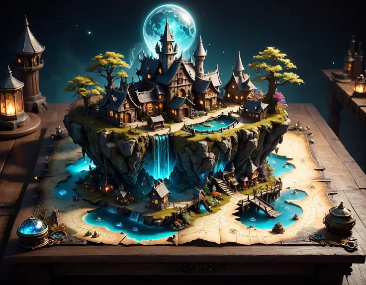 magical map of a miniature fantasy town, 3d, holographic, worn at the edges, the town appears to be floating above the map, magi...