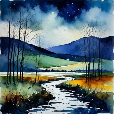 Landscape of primitivism, wet-to-wet watercolors, Dark and cold tones