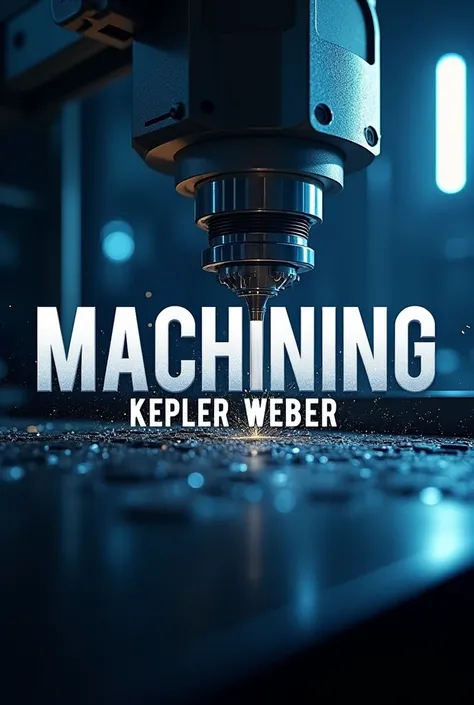 Create a banner image with a background photo of a CNC machine machining with the writing in high relief in 3D over the photo written Machining and the company name in the lower corner Kepler Weber