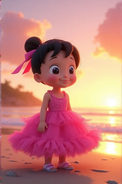 Man cartoon Nobi Nobita head wears a pink barbie dress on the beach at dusk