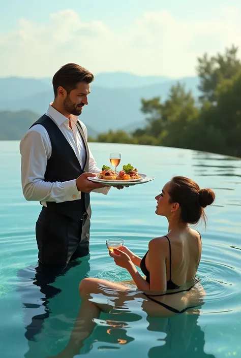 Butler offering food to guest in infinity pool in bikini 