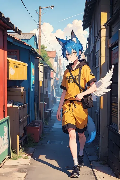 fullbody, blue hair, yellow highlights, short hair, ahoge, fox ears, fox tail, long tail, fox, red, gold, grey, mail, courier, male, young boy, wings, sky,