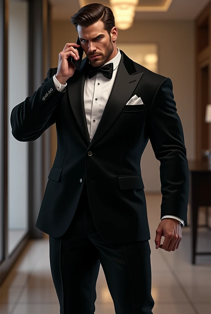 A muscular guy with blue eyes in a black tuxedo flexing his body, pose-busy on a phone call, realistic not a broad body