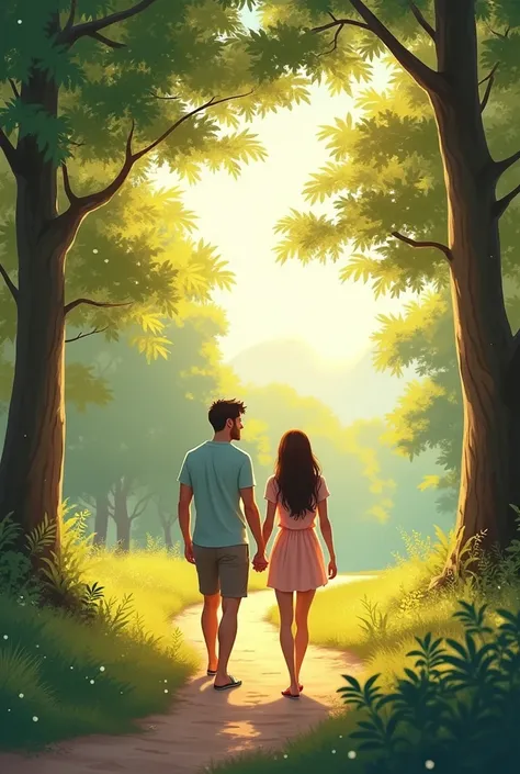 A couple, husband and wife, walking along a serene, scenic path surrounded by trees and nature. The atmosphere is peaceful, with clear skies and soft sunlight, suggesting the start of a joyful outing.
