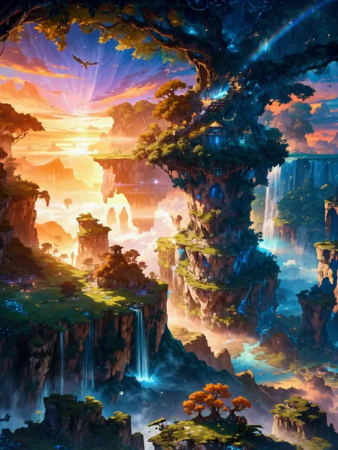 "An awe-inspiring ultra-high-definition 4K digital painting of a fantastical world where massive floating islands drift high above the clouds, connected by delicate rope bridges and cascading waterfalls. The islands are covered in lush, vibrant greenery, w...