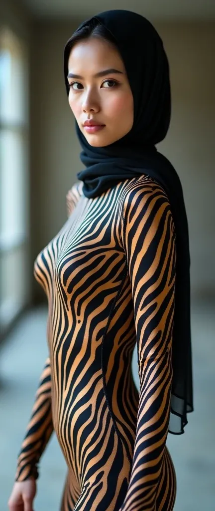 The beautiful,thin and prettiest asian muslimah adult girl with beautiful cheeks wears zebra print lycra footed turtleneck unitard catsuit covered with stripes and zebra print lycra elastane stretchy dancewear hijab covered with stripes.