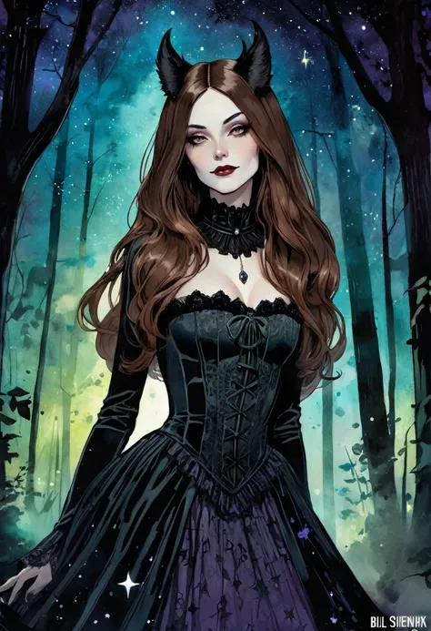 portrait, elegant frame, sexy monster girl, long brown straight hair, sexy, small breasts, sexsexsex, dirty black booger costume, elegant victorian era dress, magic, fantasy, sinister forest background at night, with stars and nebulae, art inspired by Bill...