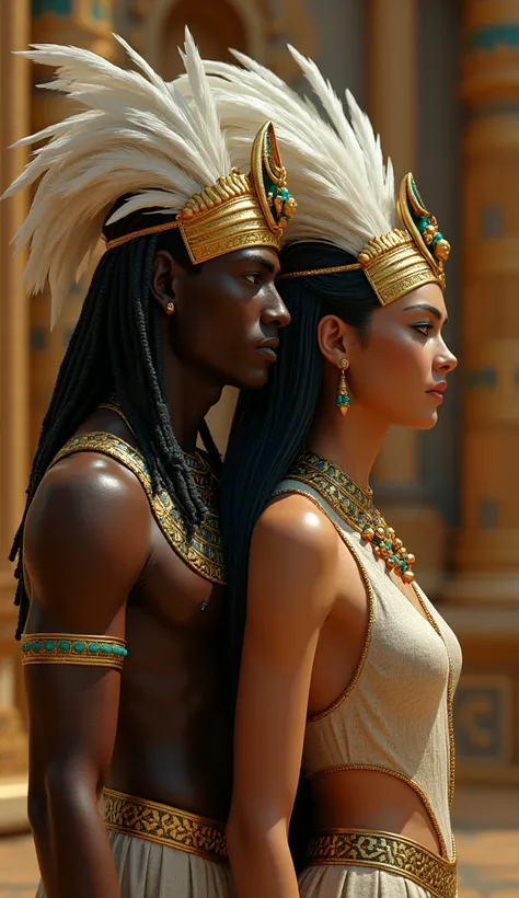 Create an image of Shu and Tefnut together in Egyptian mythology. Shu is a male figure with dark brown skin, green eyes, and a feathered headdress. Tefnut is a female figure with light brown skin, blue eyes, and long black hair. They should be depicted in ...