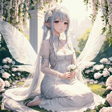 Close-up macro 2D rendering animation，A white fairy，With transparent wings and long golden hair，Sitting on top of white roses in the garden。Rose flower with many petals，in full bloom。The background is a lush green garden，There are more roses and plants。The...