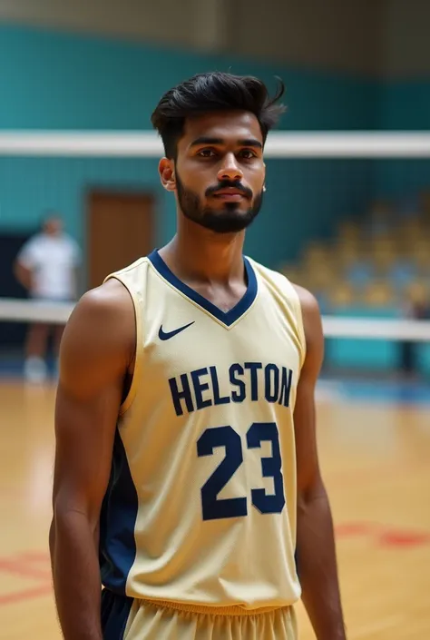 Back photo with vollyball court indoor A boy with vollyball jersey number 23 name helston 
20 years old little beard 40 kg slim  Indian boy realistic photo "photo removed from behind" 