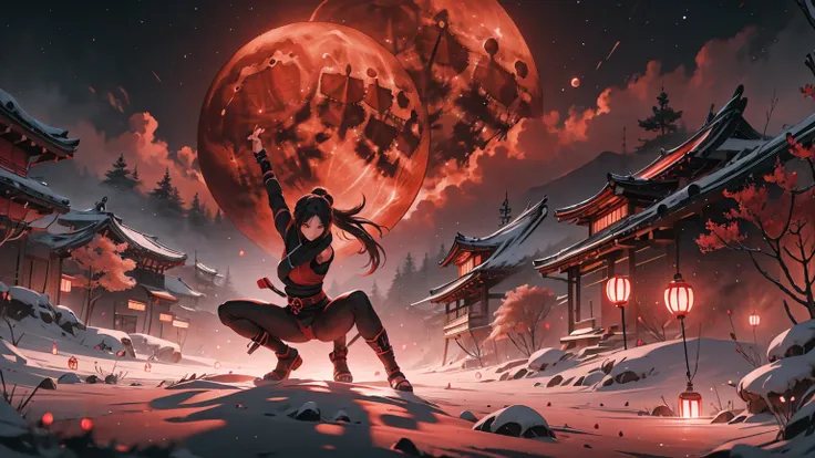 a kunoichi, in the shadows, red moon behind, ninja position, ultra detailed, with lots of details, sparkles, and a well-crafted ...