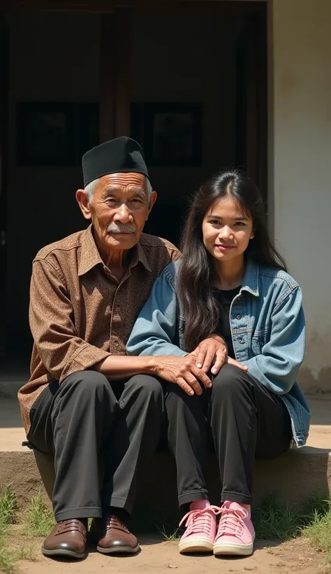 A 60 year old Indonesian man, wear a black Muslim cap, baju batik dan long pants, wearing leather shoes, sit down, sad face facing the camera while hugging beautiful Indonesian woman, fair skin, big nose, long wavy hair, wearing a denim jacket, long pants,...