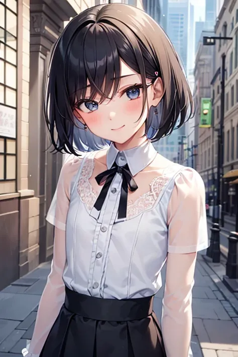 Highest quality, Androgynous male,Cute face,Flat Chest,Short Bob Cut,tutu skirt,Lace blouse,White blouse,Blouse with collar,Ribbon on neck,sleeve,Light blue skirt,Black Hair,Smiling shyly, Blushing, Character portrait, Shooting in the city