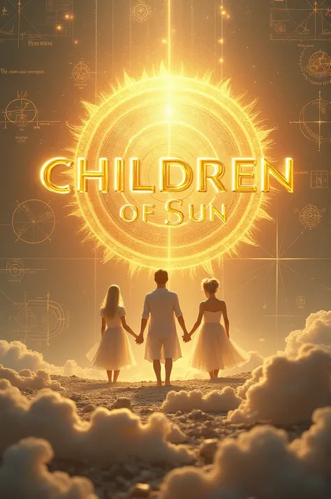 In the background diagrams of the sun, in front golden letters say Children of the Sun, art in shades of white and gold