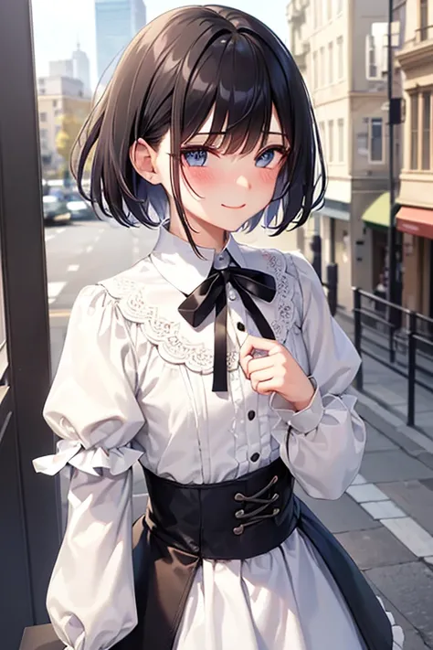 Highest quality, Androgynous male,Cute face,Flat Chest,Short Bob Cut,tutu skirt,Lace blouse,White blouse,Blouse with collar,Ribbon on neck,sleeve,Light blue skirt,Black Hair,Smiling shyly, Blushing, Character portrait, Shooting in the city