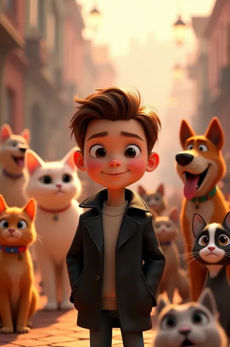 Disney Pixar 3D style movie poster release date 28th light skinned boy brown hair brown eyes black coat jeans background animals cats and dogs name of the movie What&#39;s with the animals