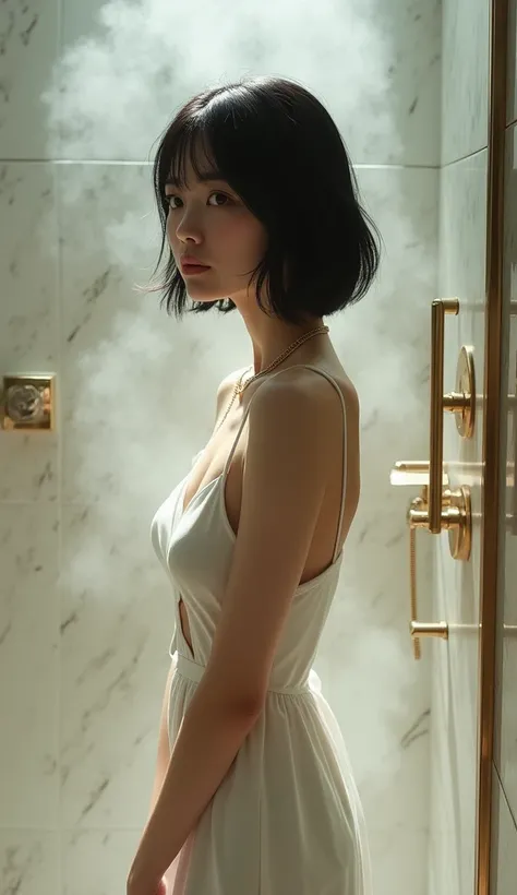 (masterpiece, 1girl, Japanese, 4, short black hair, (standing pose), in luxury hotel shower room, (soft steam:1.2))
