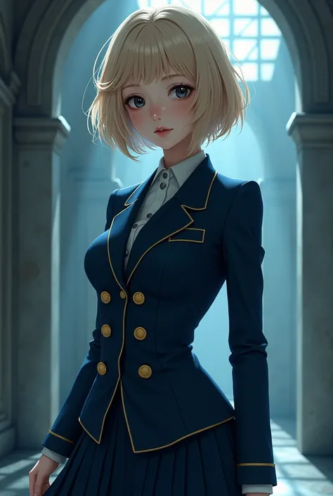 A girl (18 y/o) with short neck-length blond hair, with black eyes, white skin, pinky lips, a mole besides her mouth, skinny body, big breasts, wearing a dark blue uniform with golden buttons ( Jujutsu Kaisen Style)