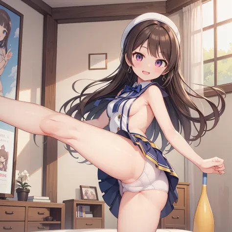 THE IDOLM@STER,idol costume,1girl,small breasts,anime style,highest quality,mini skirt,white panties,Smile cheerfully,random pose,she  kicking high and her underwear is showing,panties,In the living room